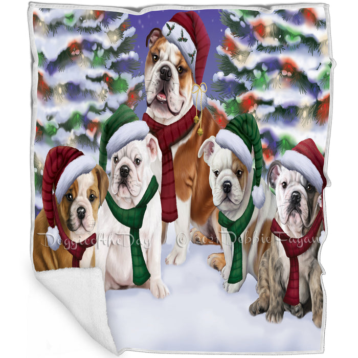 Bulldogs Dog Christmas Family Portrait in Holiday Scenic Background Art Portrait Print Woven Throw Sherpa Plush Fleece Blanket