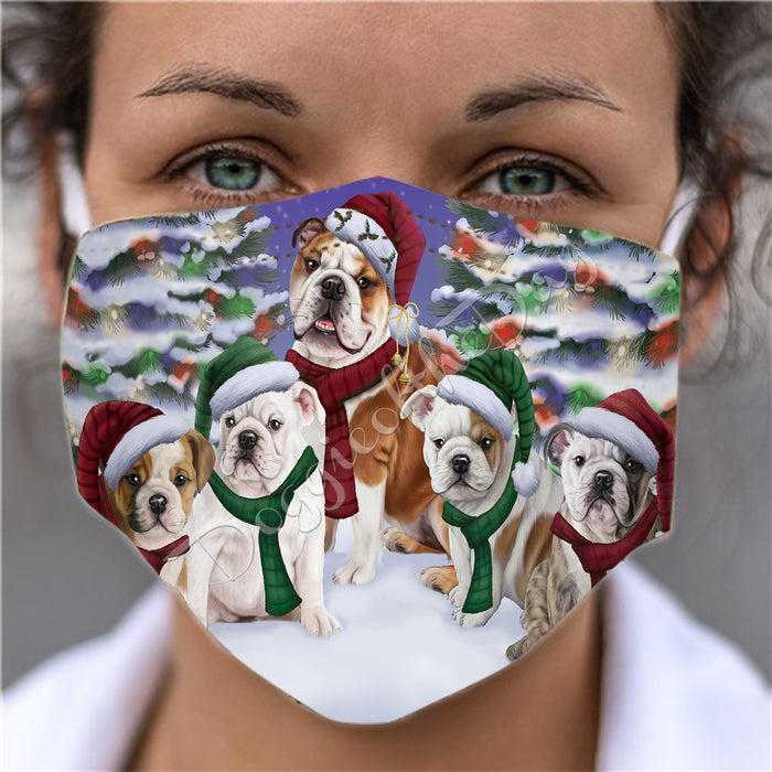 Bulldogs Christmas Family Portrait in Holiday Scenic Background Face Mask FM48329