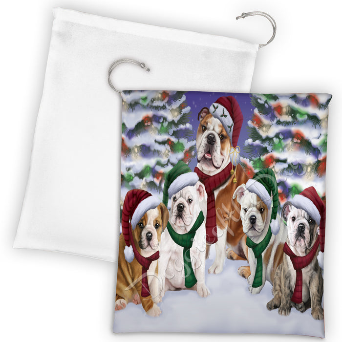 Bulldogs Christmas Family Portrait in Holiday Scenic Background Drawstring Laundry or Gift Bag LGB48127