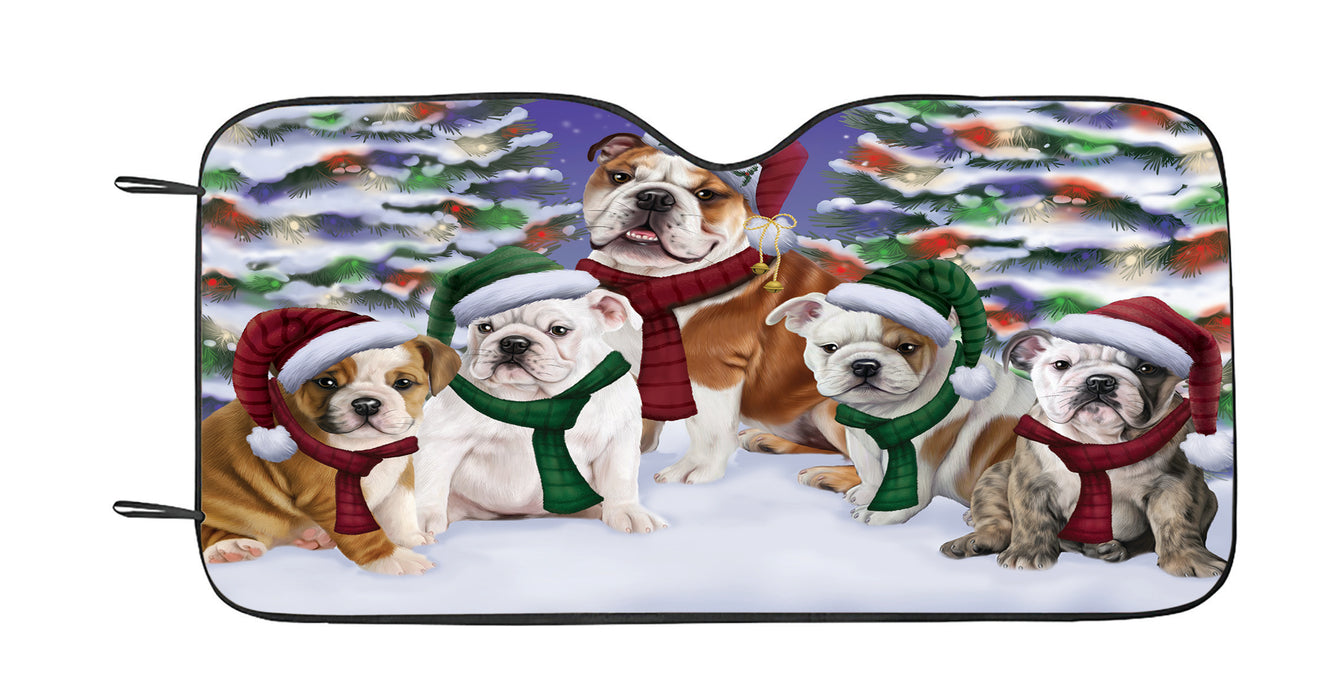 Bulldog Dogs Christmas Family Portrait in Holiday Scenic Background Car Sun Shade