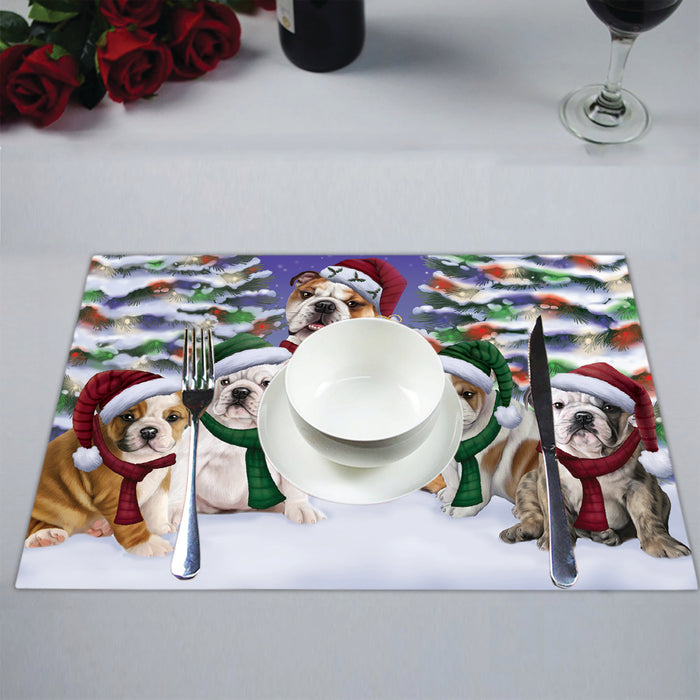 Bulldog Dogs Christmas Family Portrait in Holiday Scenic Background Placemat