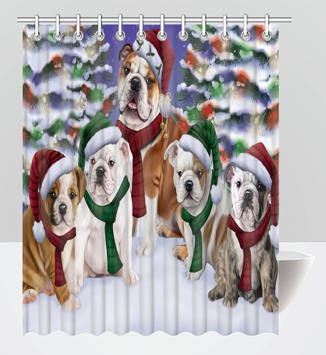 Bulldog Dogs Christmas Family Portrait in Holiday Scenic Background Shower Curtain