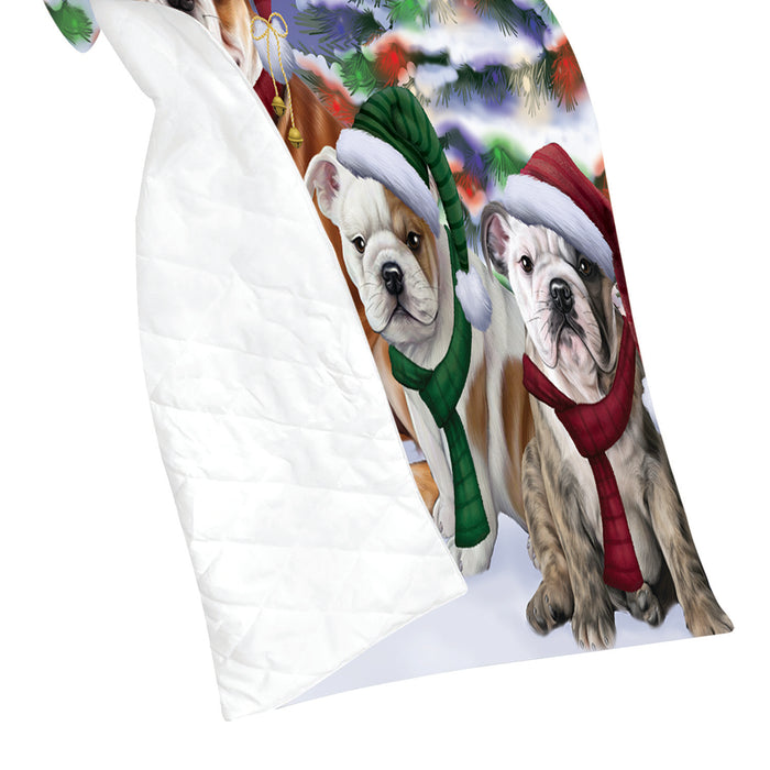 Bulldog Dogs Christmas Family Portrait in Holiday Scenic Background Quilt