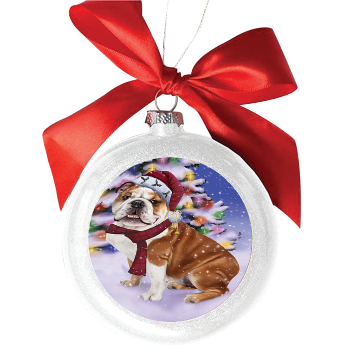 Winterland Wonderland Bulldog In Christmas Holiday Scenic Background White Round Ball Christmas Ornament WBSOR49542