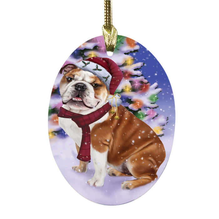 Winterland Wonderland Bulldog In Christmas Holiday Scenic Background Oval Glass Christmas Ornament OGOR49542
