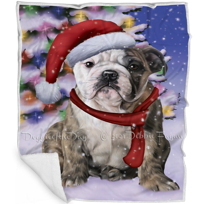 Winterland Wonderland Bulldogs Puppy Dog In Christmas Holiday Scenic Background Blanket