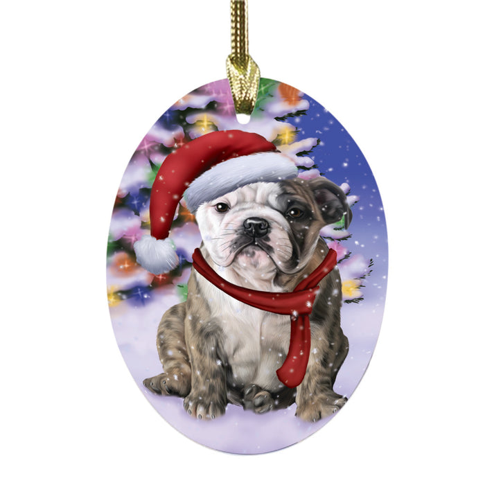 Winterland Wonderland Bulldog In Christmas Holiday Scenic Background Oval Glass Christmas Ornament OGOR49543