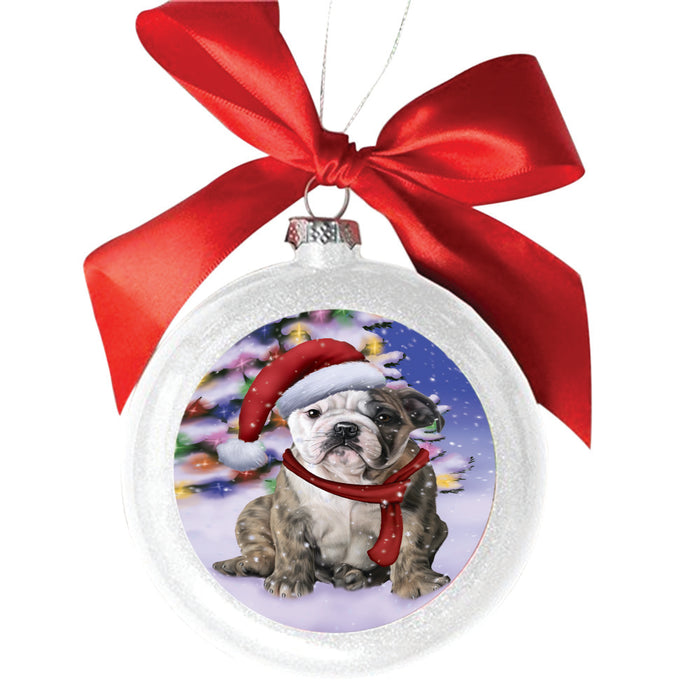 Winterland Wonderland Bulldog In Christmas Holiday Scenic Background White Round Ball Christmas Ornament WBSOR49543