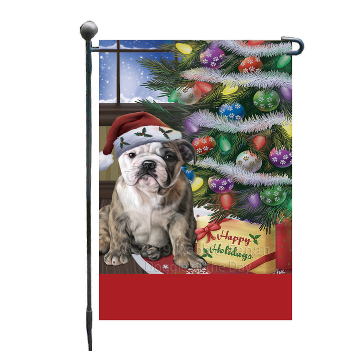 Personalized Christmas Happy Holidays Bulldog with Tree and Presents Custom Garden Flags GFLG-DOTD-A58609