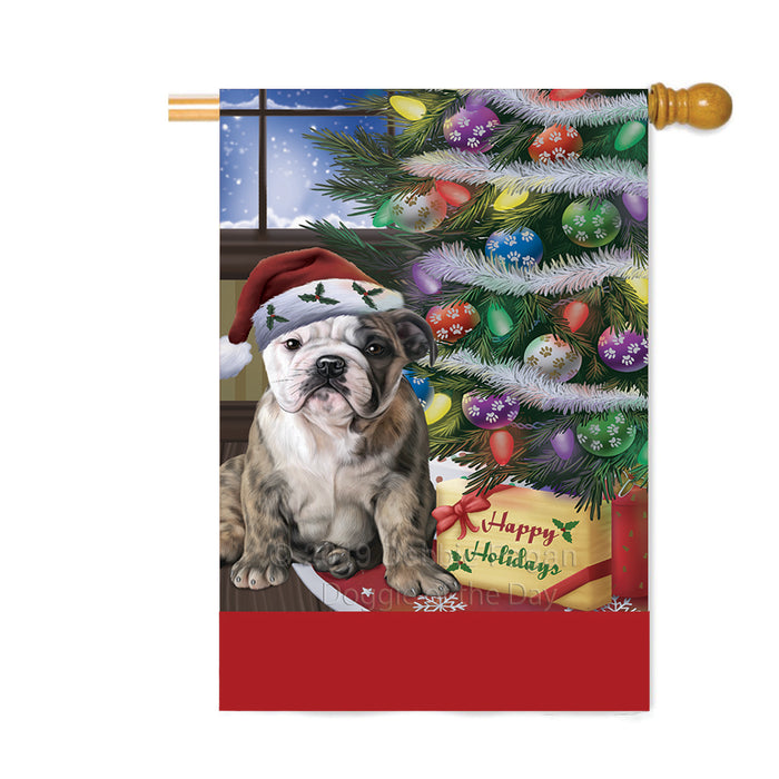 Personalized Christmas Happy Holidays Bulldog with Tree and Presents Custom House Flag FLG-DOTD-A58665