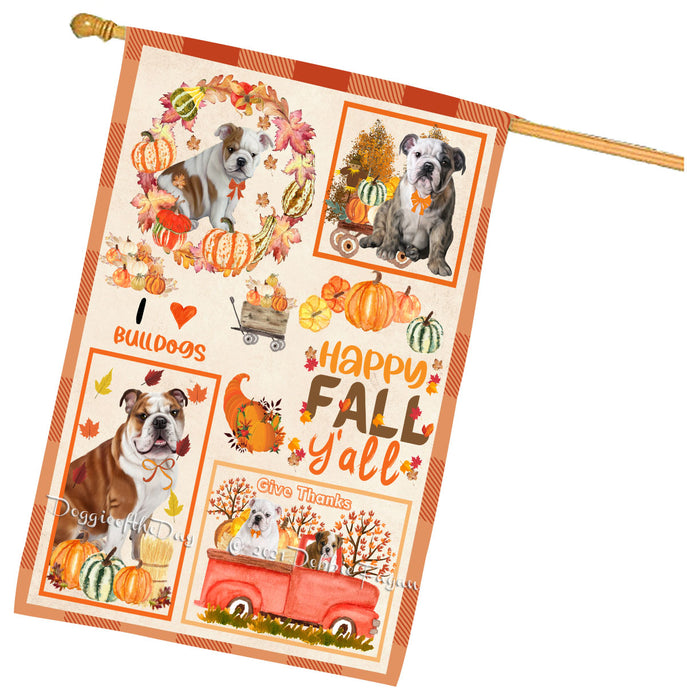 Happy Fall Y'all Pumpkin Bulldog House Flag Outdoor Decorative Double Sided Pet Portrait Weather Resistant Premium Quality Animal Printed Home Decorative Flags 100% Polyester