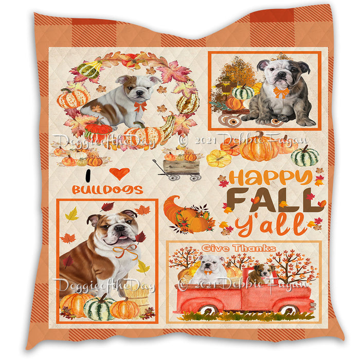 Happy Fall Y'all Pumpkin Bulldog Quilt Bed Coverlet Bedspread - Pets Comforter Unique One-side Animal Printing - Soft Lightweight Durable Washable Polyester Quilt