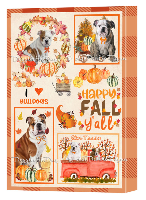 Happy Fall Y'all Pumpkin Bulldog Canvas Wall Art - Premium Quality Ready to Hang Room Decor Wall Art Canvas - Unique Animal Printed Digital Painting for Decoration