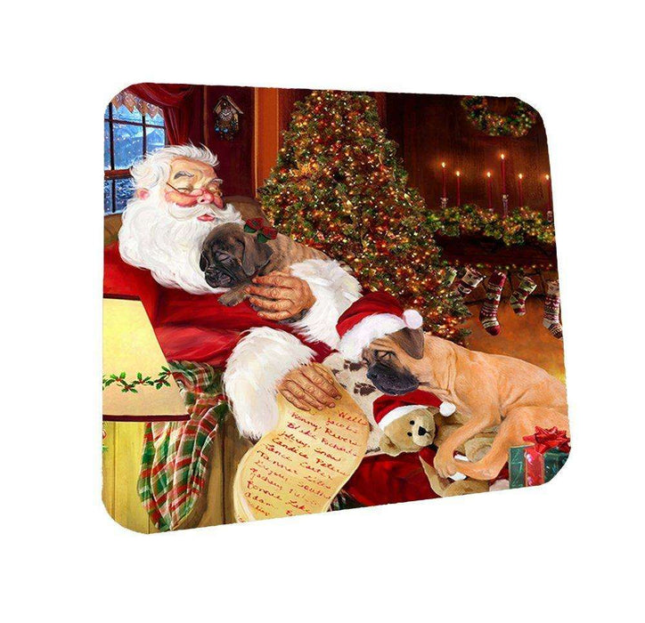 Bullmastiff Dog and Puppies Sleeping with Santa Coasters Set of 4