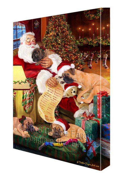 Bullmastiff Dog and Puppies Sleeping with Santa Painting Printed on Canvas Wall Art