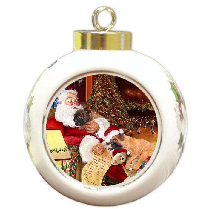 Bullmastiff Dog and Puppies Sleeping with Santa Round Ball Christmas Ornament D425