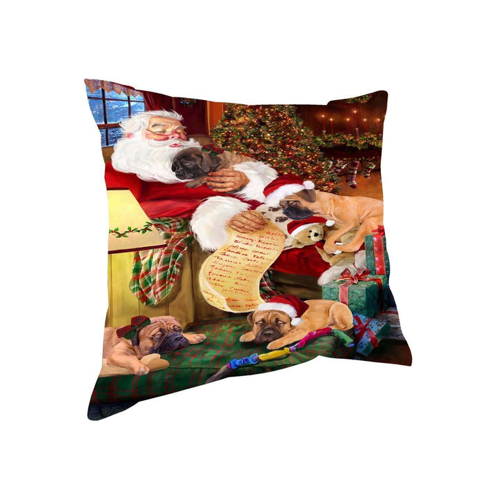 Bullmastiff Dog and Puppies Sleeping with Santa Throw Pillow