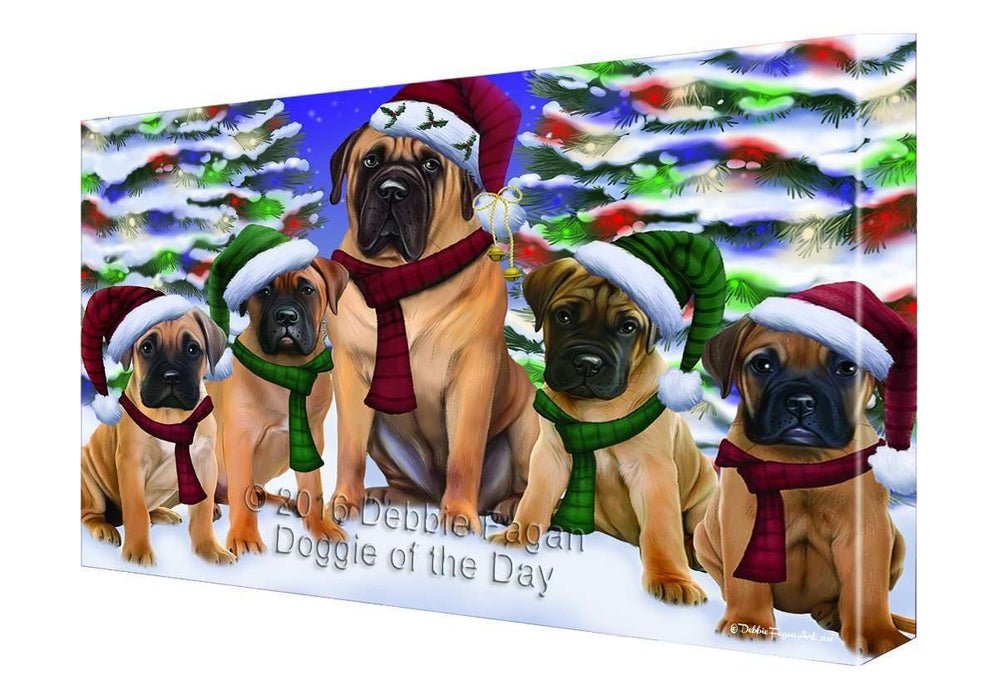 Bullmastiff Dog Christmas Family Portrait in Holiday Scenic Background Canvas Wall Art