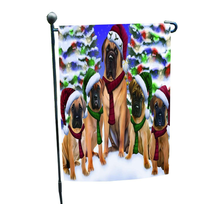 Bullmastiff Dog Christmas Family Portrait in Holiday Scenic Background Garden Flag