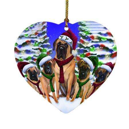 Bullmastiff Dog Christmas Family Portrait in Holiday Scenic Background Heart Ornament D161
