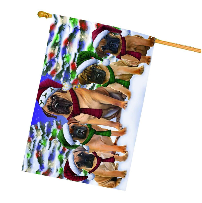 Bullmastiff Dog Christmas Family Portrait in Holiday Scenic Background House Flag