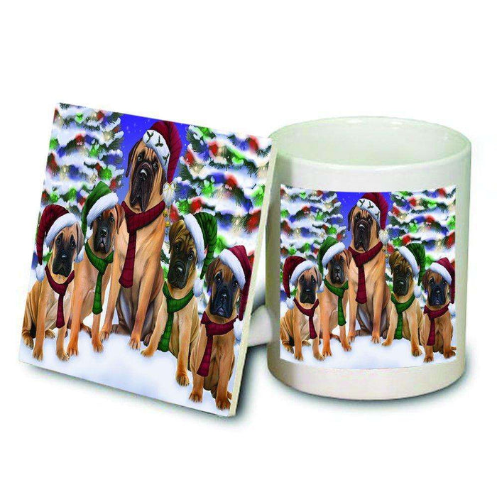 Bullmastiff Dog Christmas Family Portrait in Holiday Scenic Background Mug and Coaster Set