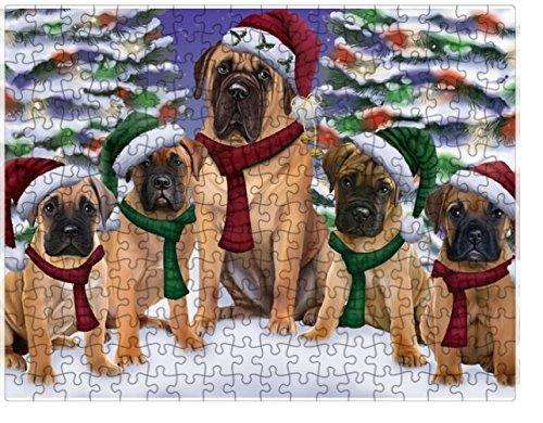 Bullmastiff Dog Christmas Family Portrait in Holiday Scenic Background