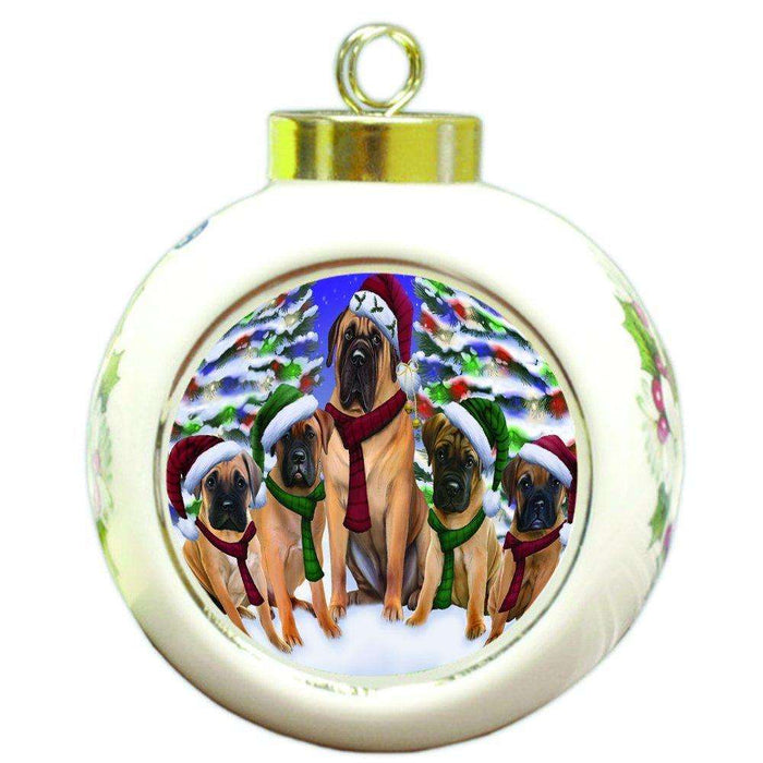Bullmastiff Dog Christmas Family Portrait in Holiday Scenic Background Round Ball Ornament D161