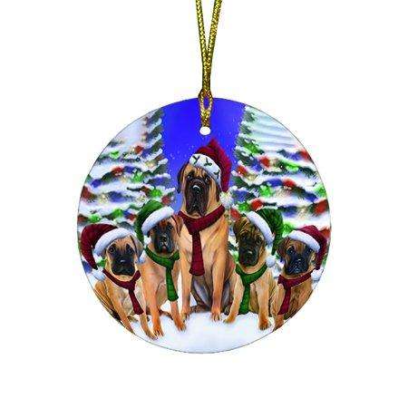 Bullmastiff Dog Christmas Family Portrait in Holiday Scenic Background Round Ornament D161