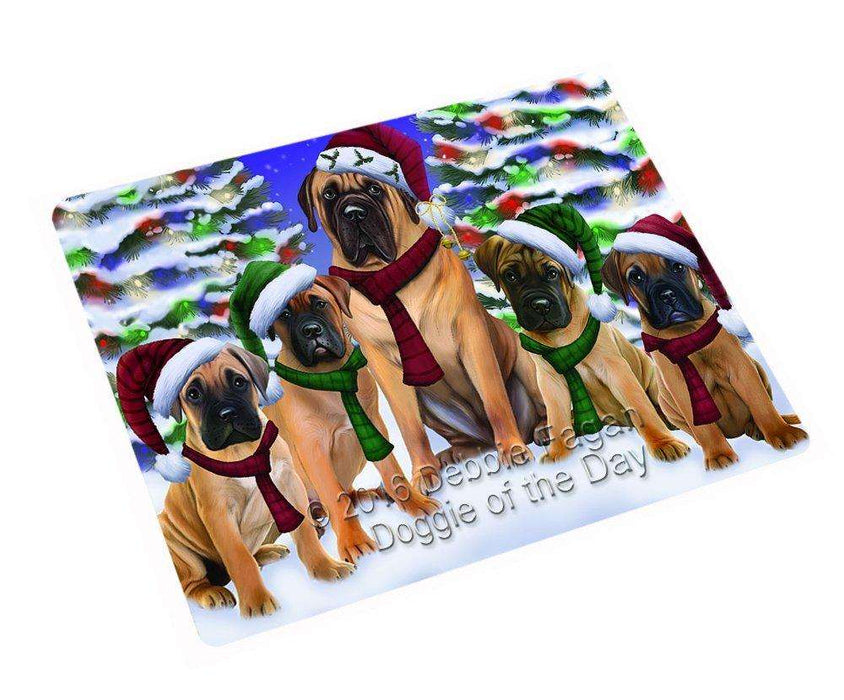 Bullmastiff Dog Christmas Family Portrait in Holiday Scenic Background Tempered Cutting Board
