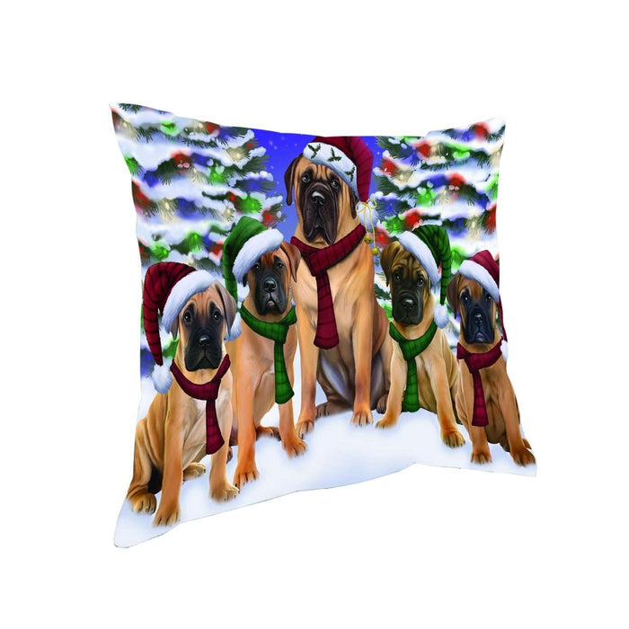Bullmastiff Dog Christmas Family Portrait in Holiday Scenic Background Throw Pillow