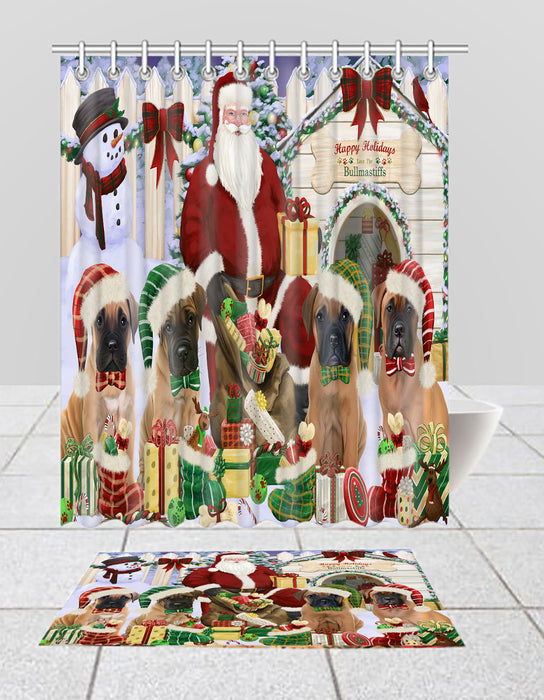 Happy Holidays Christmas Bullmastiff Dogs House Gathering Bath Mat and Shower Curtain Combo