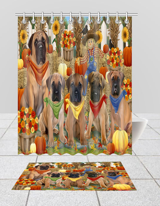 Fall Festive Harvest Time Gathering Bullmastiff Dogs Bath Mat and Shower Curtain Combo