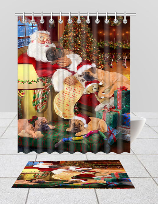 Santa Sleeping with Bullmastiff Dogs  Bath Mat and Shower Curtain Combo