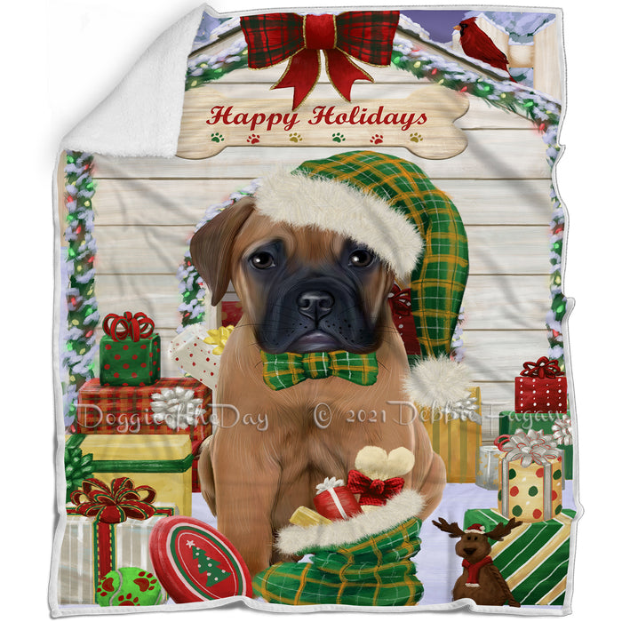 Happy Holidays Christmas Bullmastiff Dog House with Presents Blanket BLNKT78429