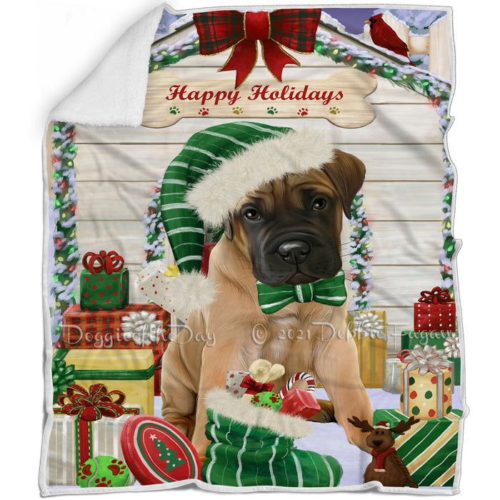 Happy Holidays Christmas Bullmastiff Dog House with Presents Blanket BLNKT78438