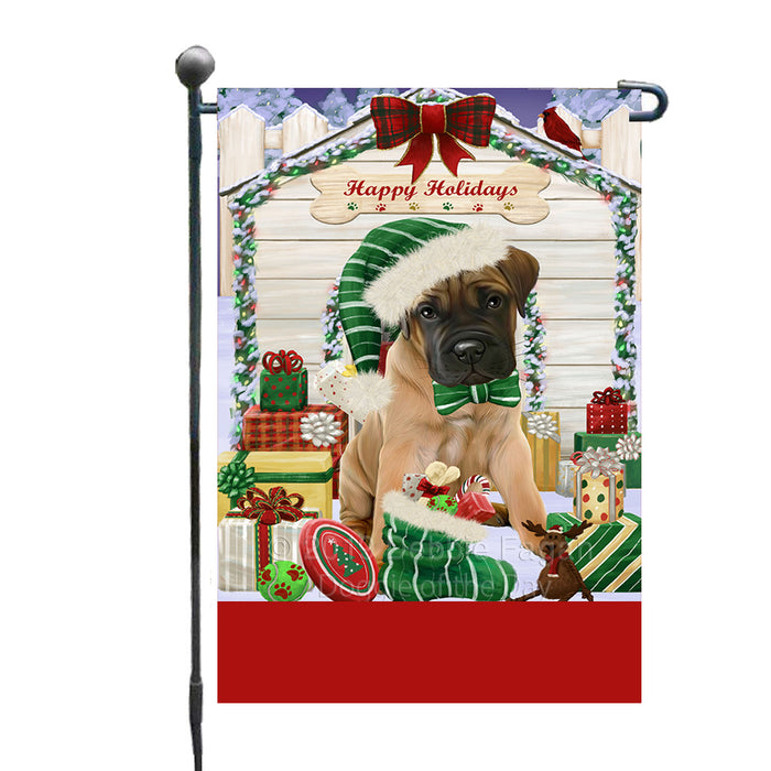 Personalized Happy Holidays Christmas Bullmastiff Dog House with Presents Custom Garden Flags GFLG-DOTD-A59295