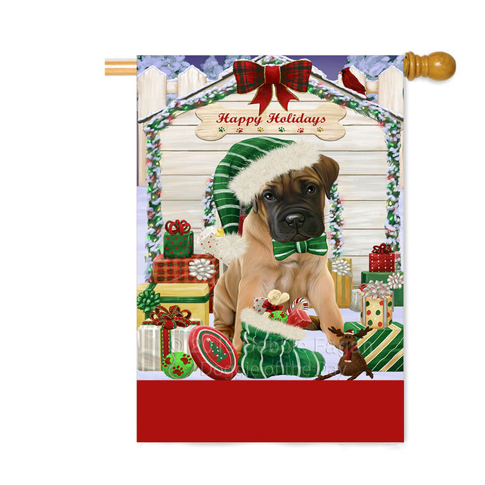 Personalized Happy Holidays Christmas Bullmastiff Dog House with Presents Custom House Flag FLG-DOTD-A59351