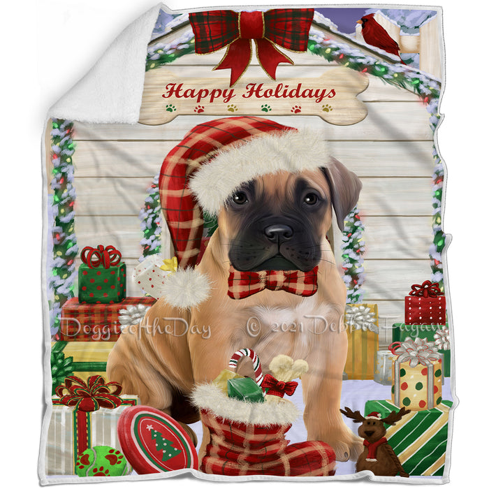 Happy Holidays Christmas Bullmastiff Dog House with Presents Blanket BLNKT78447