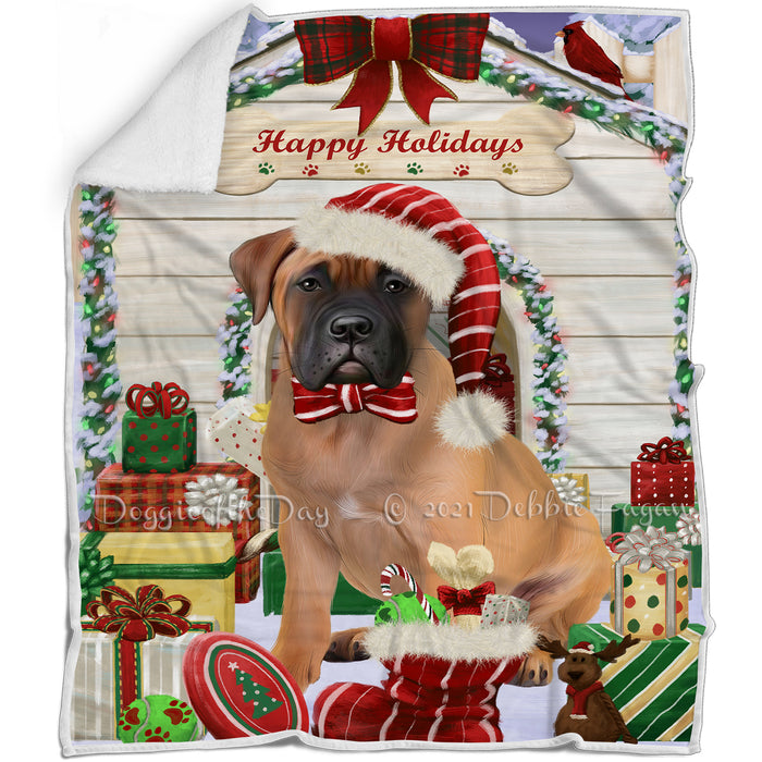 Happy Holidays Christmas Bullmastiff Dog House with Presents Blanket BLNKT78456