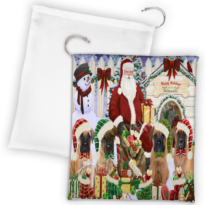 Happy Holidays Christmas Bullmastiff Dogs House Gathering Drawstring Laundry or Gift Bag LGB48031