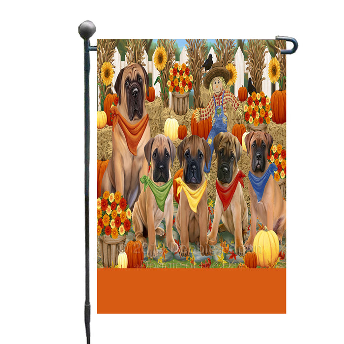 Personalized Fall Festive Gathering Bullmastiff Dogs with Pumpkins Custom Garden Flags GFLG-DOTD-A61855