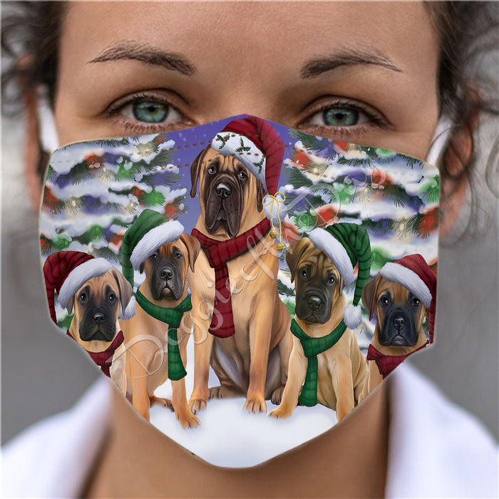 Bullmastiff Dogs Christmas Family Portrait in Holiday Scenic Background Face Mask FM48330
