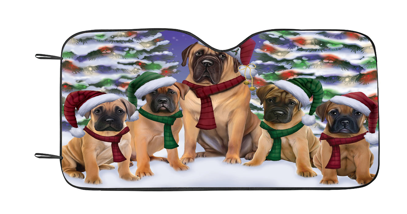 Bullmastiff Dogs Christmas Family Portrait in Holiday Scenic Background Car Sun Shade