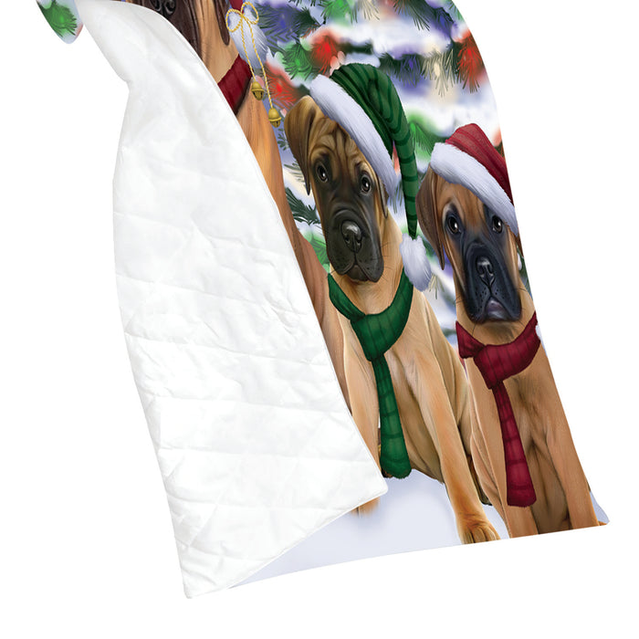 Bullmastiff Dogs Christmas Family Portrait in Holiday Scenic Background Quilt