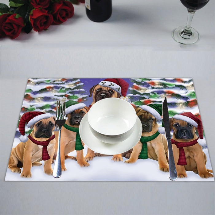 Bullmastiff Dogs Christmas Family Portrait in Holiday Scenic Background Placemat