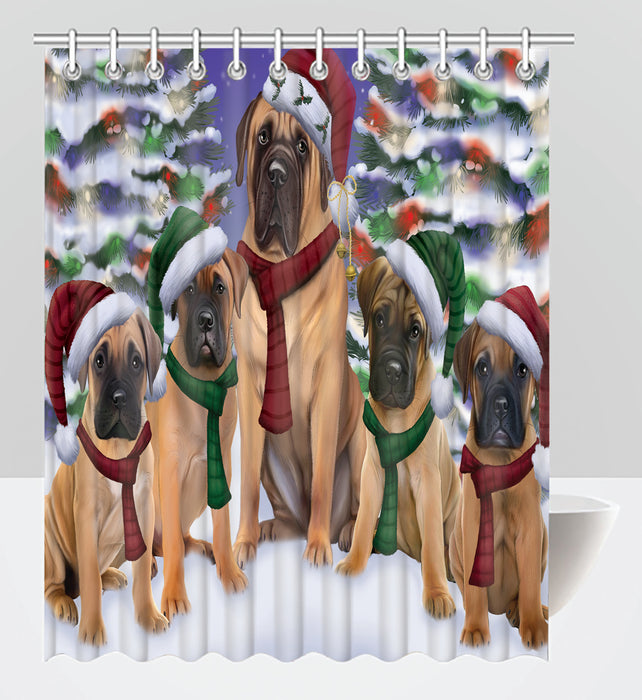 Bullmastiff Dogs Christmas Family Portrait in Holiday Scenic Background Shower Curtain