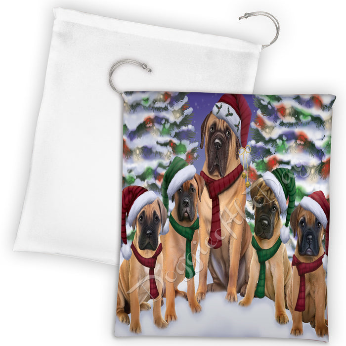 Bullmastiff Dogs Christmas Family Portrait in Holiday Scenic Background Drawstring Laundry or Gift Bag LGB48128