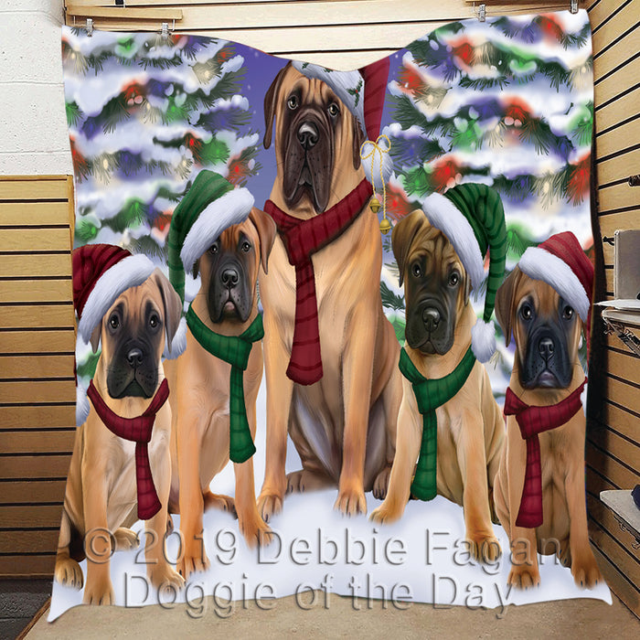 Bullmastiff Dogs Christmas Family Portrait in Holiday Scenic Background Quilt