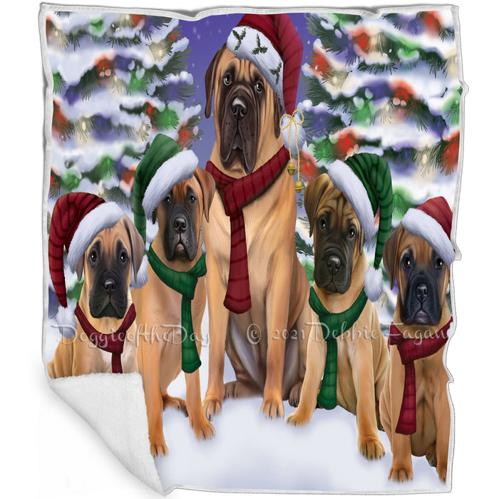 Bullmastiff Dog Christmas Family Portrait in Holiday Scenic Background Art Portrait Print Woven Throw Sherpa Plush Fleece Blanket